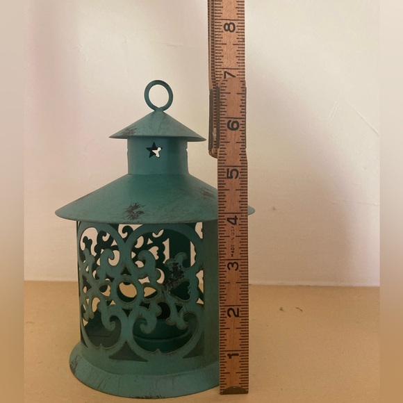 Two Decorative Teal Blue Metal Mini Tea Light Lanterns - Picture 8 of 9